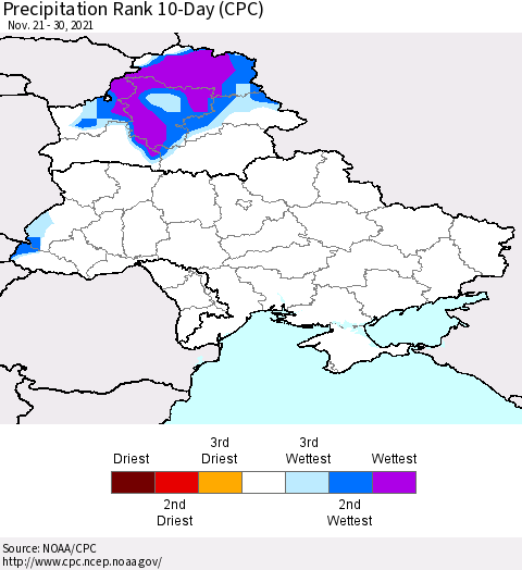 Ukraine, Moldova and Belarus Precipitation Rank 10-Day (CPC) Thematic Map For 11/21/2021 - 11/30/2021