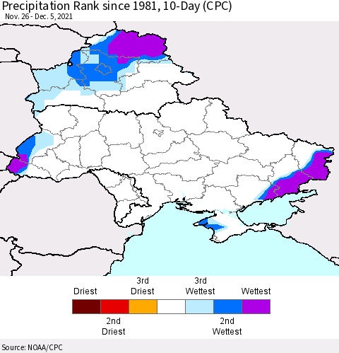 Ukraine, Moldova and Belarus Precipitation Rank since 1981, 10-Day (CPC) Thematic Map For 11/26/2021 - 12/5/2021