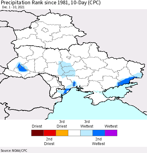 Ukraine, Moldova and Belarus Precipitation Rank since 1981, 10-Day (CPC) Thematic Map For 12/1/2021 - 12/10/2021