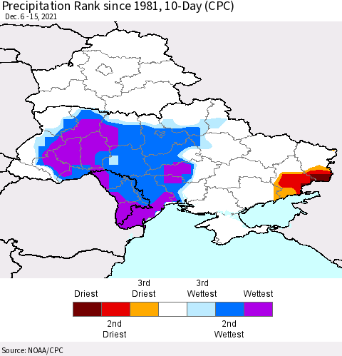 Ukraine, Moldova and Belarus Precipitation Rank 10-Day (CPC) Thematic Map For 12/6/2021 - 12/15/2021