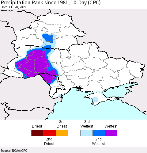 Ukraine, Moldova and Belarus Precipitation Rank 10-Day (CPC) Thematic Map For 12/11/2021 - 12/20/2021
