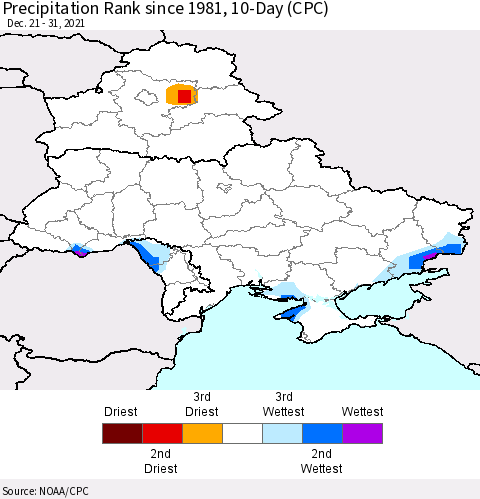 Ukraine, Moldova and Belarus Precipitation Rank 10-Day (CPC) Thematic Map For 12/21/2021 - 12/31/2021