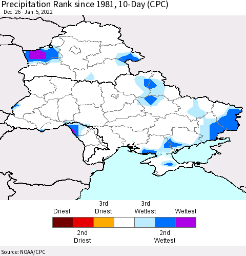 Ukraine, Moldova and Belarus Precipitation Rank since 1981, 10-Day (CPC) Thematic Map For 12/26/2021 - 1/5/2022