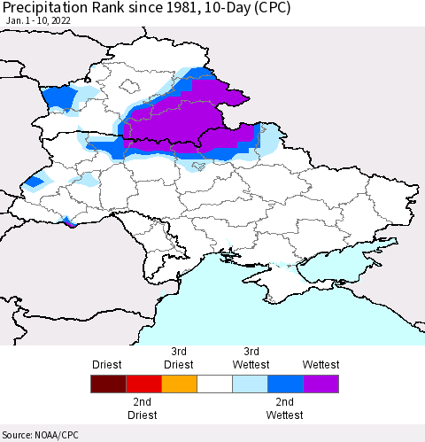 Ukraine, Moldova and Belarus Precipitation Rank since 1981, 10-Day (CPC) Thematic Map For 1/1/2022 - 1/10/2022