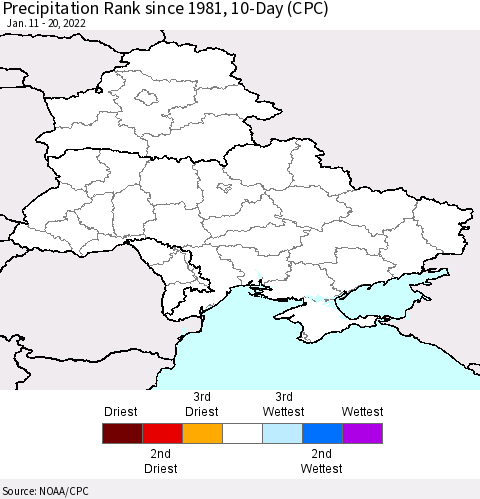 Ukraine, Moldova and Belarus Precipitation Rank 10-Day (CPC) Thematic Map For 1/11/2022 - 1/20/2022