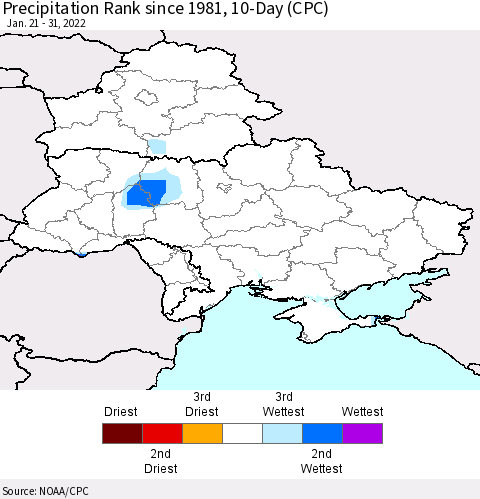 Ukraine, Moldova and Belarus Precipitation Rank 10-Day (CPC) Thematic Map For 1/21/2022 - 1/31/2022