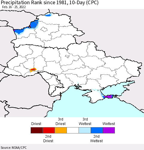 Ukraine, Moldova and Belarus Precipitation Rank 10-Day (CPC) Thematic Map For 2/16/2022 - 2/25/2022