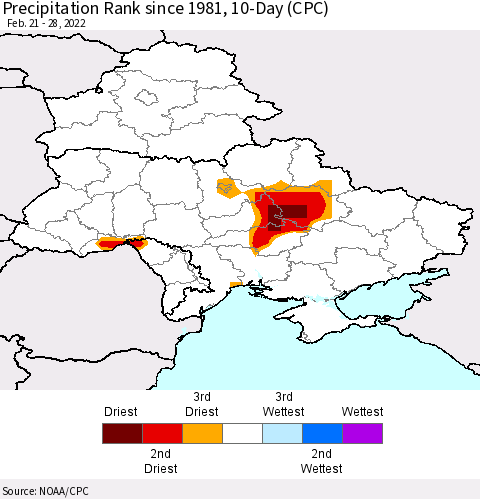 Ukraine, Moldova and Belarus Precipitation Rank since 1981, 10-Day (CPC) Thematic Map For 2/21/2022 - 2/28/2022
