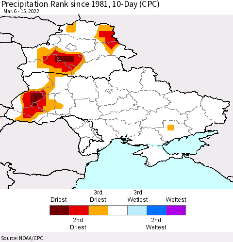 Ukraine, Moldova and Belarus Precipitation Rank 10-Day (CPC) Thematic Map For 3/6/2022 - 3/15/2022