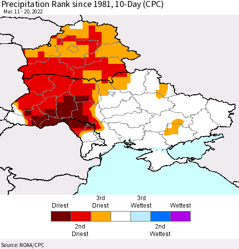 Ukraine, Moldova and Belarus Precipitation Rank since 1981, 10-Day (CPC) Thematic Map For 3/11/2022 - 3/20/2022