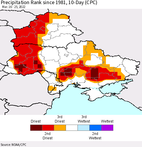 Ukraine, Moldova and Belarus Precipitation Rank since 1981, 10-Day (CPC) Thematic Map For 3/16/2022 - 3/25/2022