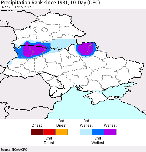 Ukraine, Moldova and Belarus Precipitation Rank since 1981, 10-Day (CPC) Thematic Map For 3/26/2022 - 4/5/2022