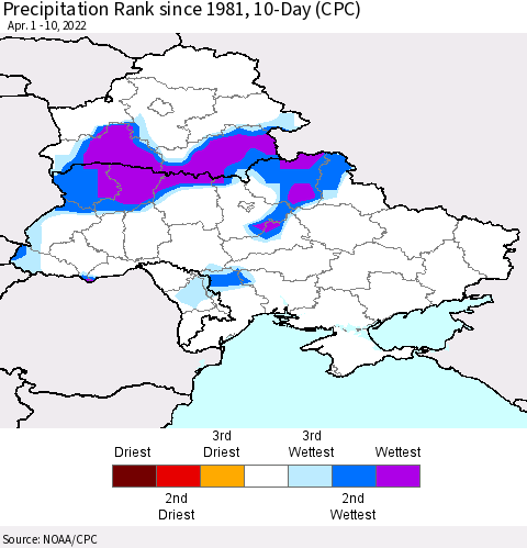 Ukraine, Moldova and Belarus Precipitation Rank 10-Day (CPC) Thematic Map For 4/1/2022 - 4/10/2022