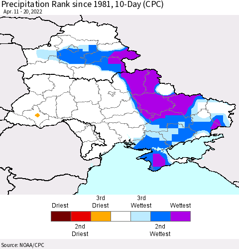 Ukraine, Moldova and Belarus Precipitation Rank 10-Day (CPC) Thematic Map For 4/11/2022 - 4/20/2022