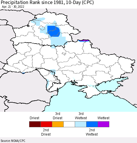 Ukraine, Moldova and Belarus Precipitation Rank 10-Day (CPC) Thematic Map For 4/21/2022 - 4/30/2022