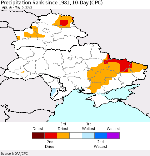 Ukraine, Moldova and Belarus Precipitation Rank since 1981, 10-Day (CPC) Thematic Map For 4/26/2022 - 5/5/2022