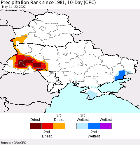 Ukraine, Moldova and Belarus Precipitation Rank 10-Day (CPC) Thematic Map For 5/11/2022 - 5/20/2022