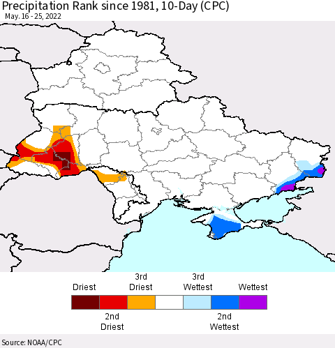 Ukraine, Moldova and Belarus Precipitation Rank 10-Day (CPC) Thematic Map For 5/16/2022 - 5/25/2022