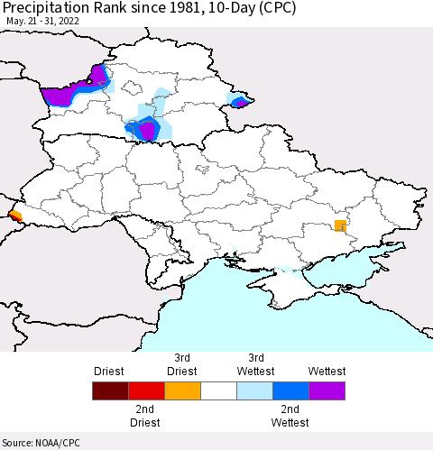 Ukraine, Moldova and Belarus Precipitation Rank since 1981, 10-Day (CPC) Thematic Map For 5/21/2022 - 5/31/2022