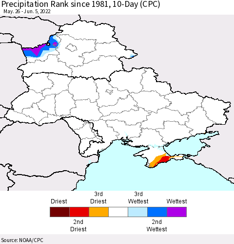 Ukraine, Moldova and Belarus Precipitation Rank 10-Day (CPC) Thematic Map For 5/26/2022 - 6/5/2022