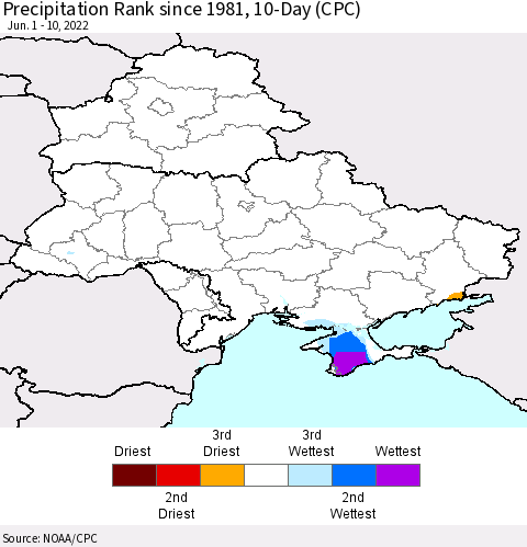 Ukraine, Moldova and Belarus Precipitation Rank 10-Day (CPC) Thematic Map For 6/1/2022 - 6/10/2022