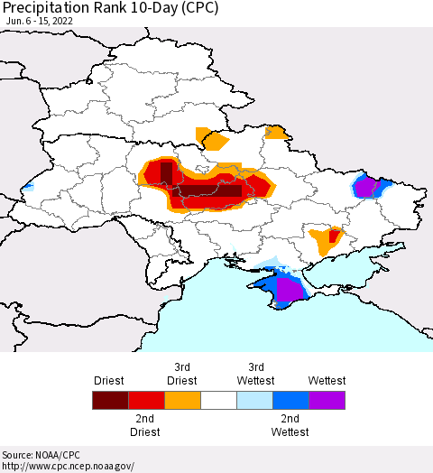 Ukraine, Moldova and Belarus Precipitation Rank 10-Day (CPC) Thematic Map For 6/6/2022 - 6/15/2022