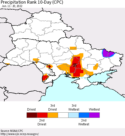 Ukraine, Moldova and Belarus Precipitation Rank 10-Day (CPC) Thematic Map For 6/11/2022 - 6/20/2022