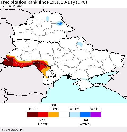 Ukraine, Moldova and Belarus Precipitation Rank 10-Day (CPC) Thematic Map For 6/16/2022 - 6/25/2022