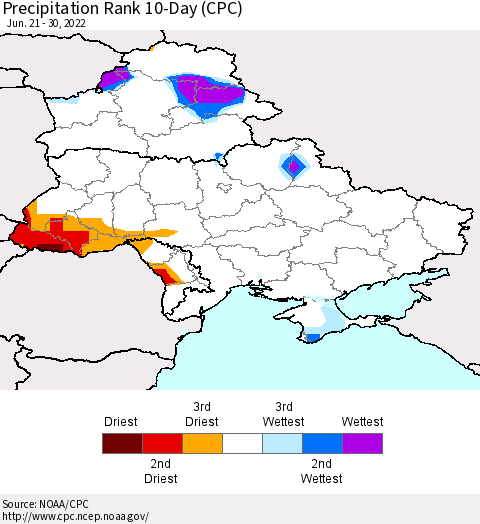 Ukraine, Moldova and Belarus Precipitation Rank 10-Day (CPC) Thematic Map For 6/21/2022 - 6/30/2022