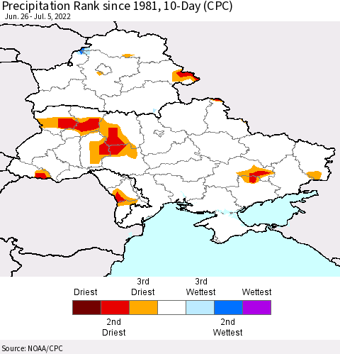 Ukraine, Moldova and Belarus Precipitation Rank 10-Day (CPC) Thematic Map For 6/26/2022 - 7/5/2022