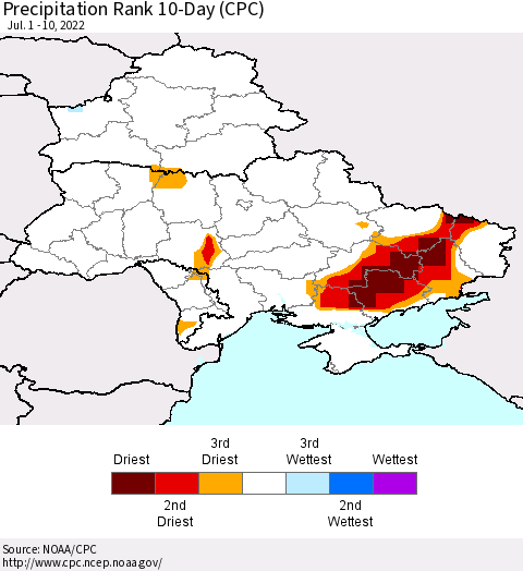 Ukraine, Moldova and Belarus Precipitation Rank 10-Day (CPC) Thematic Map For 7/1/2022 - 7/10/2022