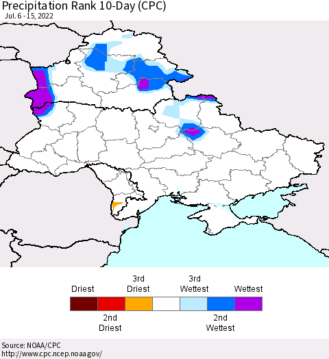 Ukraine, Moldova and Belarus Precipitation Rank 10-Day (CPC) Thematic Map For 7/6/2022 - 7/15/2022