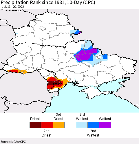 Ukraine, Moldova and Belarus Precipitation Rank since 1981, 10-Day (CPC) Thematic Map For 7/11/2022 - 7/20/2022