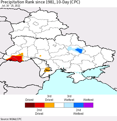 Ukraine, Moldova and Belarus Precipitation Rank since 1981, 10-Day (CPC) Thematic Map For 7/16/2022 - 7/25/2022