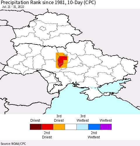 Ukraine, Moldova and Belarus Precipitation Rank 10-Day (CPC) Thematic Map For 7/21/2022 - 7/31/2022