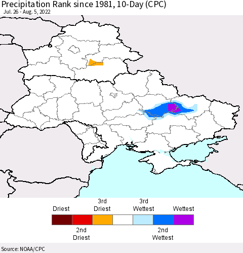 Ukraine, Moldova and Belarus Precipitation Rank 10-Day (CPC) Thematic Map For 7/26/2022 - 8/5/2022