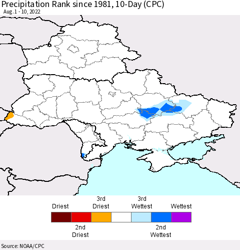 Ukraine, Moldova and Belarus Precipitation Rank since 1981, 10-Day (CPC) Thematic Map For 8/1/2022 - 8/10/2022