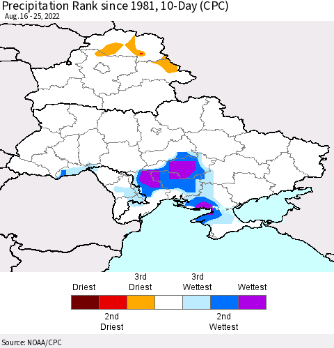 Ukraine, Moldova and Belarus Precipitation Rank since 1981, 10-Day (CPC) Thematic Map For 8/16/2022 - 8/25/2022