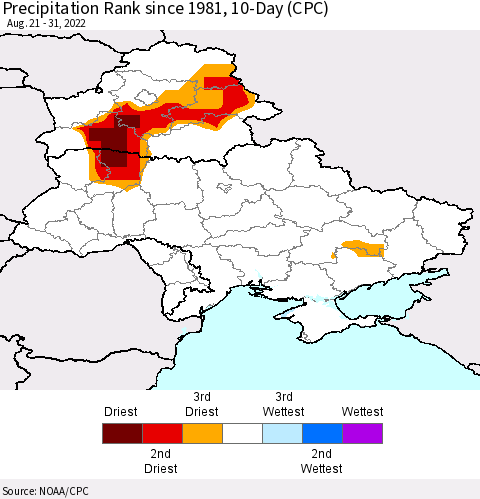 Ukraine, Moldova and Belarus Precipitation Rank 10-Day (CPC) Thematic Map For 8/21/2022 - 8/31/2022