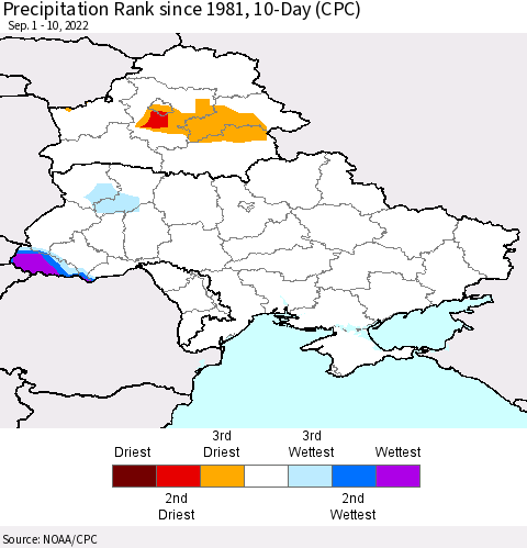 Ukraine, Moldova and Belarus Precipitation Rank since 1981, 10-Day (CPC) Thematic Map For 9/1/2022 - 9/10/2022