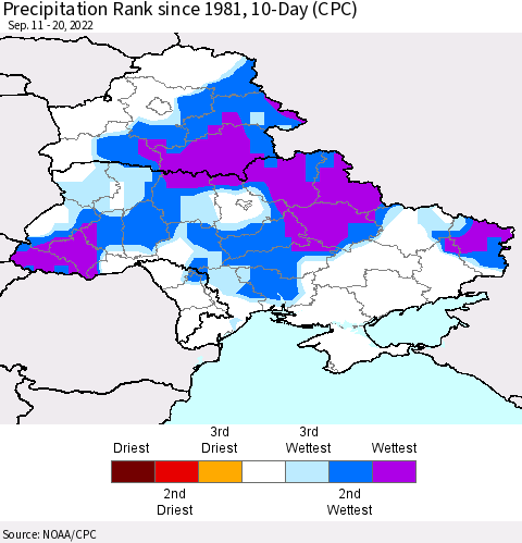 Ukraine, Moldova and Belarus Precipitation Rank 10-Day (CPC) Thematic Map For 9/11/2022 - 9/20/2022