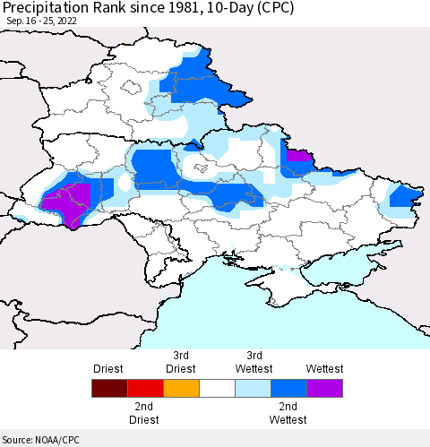 Ukraine, Moldova and Belarus Precipitation Rank 10-Day (CPC) Thematic Map For 9/16/2022 - 9/25/2022