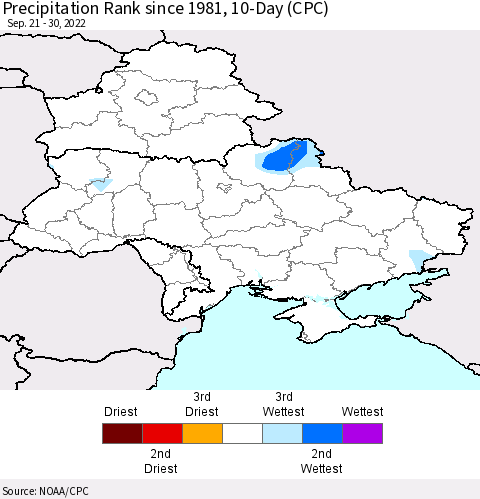 Ukraine, Moldova and Belarus Precipitation Rank 10-Day (CPC) Thematic Map For 9/21/2022 - 9/30/2022