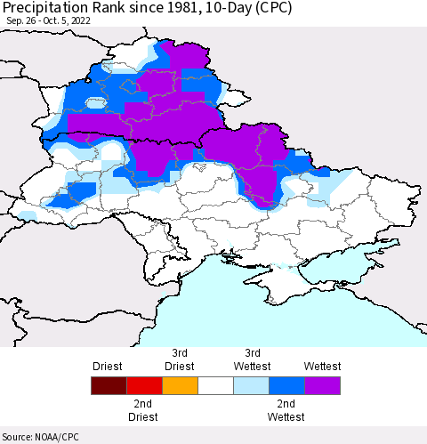 Ukraine, Moldova and Belarus Precipitation Rank since 1981, 10-Day (CPC) Thematic Map For 9/26/2022 - 10/5/2022