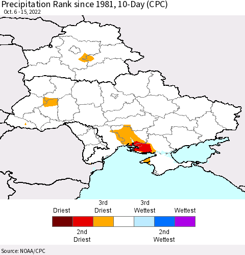 Ukraine, Moldova and Belarus Precipitation Rank since 1981, 10-Day (CPC) Thematic Map For 10/6/2022 - 10/15/2022