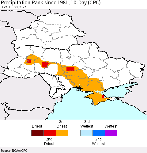 Ukraine, Moldova and Belarus Precipitation Rank 10-Day (CPC) Thematic Map For 10/11/2022 - 10/20/2022