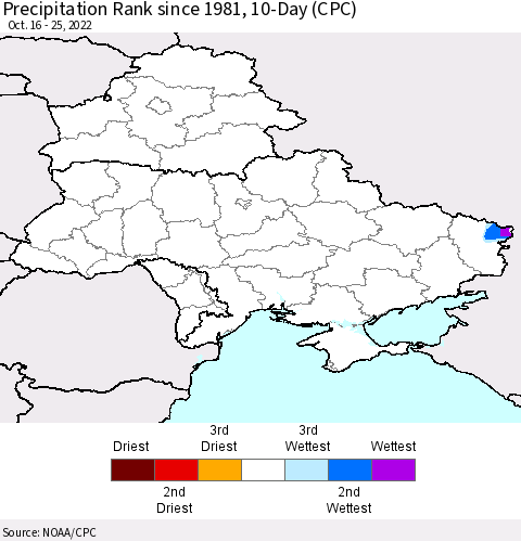 Ukraine, Moldova and Belarus Precipitation Rank 10-Day (CPC) Thematic Map For 10/16/2022 - 10/25/2022