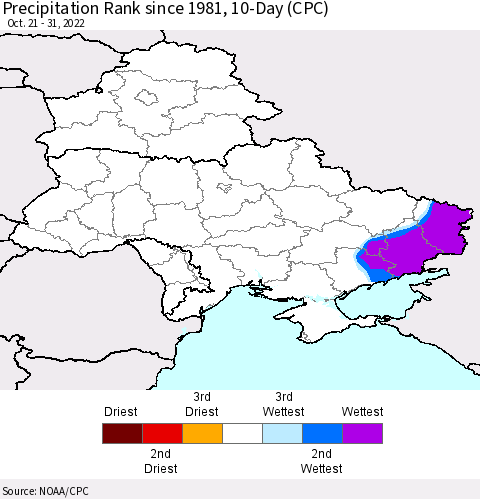 Ukraine, Moldova and Belarus Precipitation Rank 10-Day (CPC) Thematic Map For 10/21/2022 - 10/31/2022