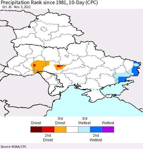 Ukraine, Moldova and Belarus Precipitation Rank 10-Day (CPC) Thematic Map For 10/26/2022 - 11/5/2022