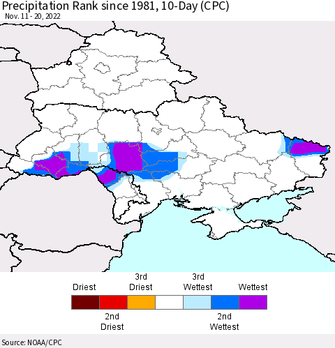 Ukraine, Moldova and Belarus Precipitation Rank 10-Day (CPC) Thematic Map For 11/11/2022 - 11/20/2022